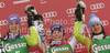 Winner Tessa Worley of France (M), second placed Maria Riesch of Germany (L) and third placed Kathrin Hoelzl of Germany (R) celebrate their medals won in Women giant slalom race of Audi FIS alpine skiing World Cup in Semmering, Austria. Giant slalom race of Women Audi FIS Alpine skiing World Cup 2010-11, was held on Tuesday, 28th of December 2010, in Semmering, Austria.
