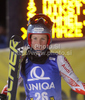 Sanni Leinonen of Finland reacts in finish of second run of Women slalom race of Audi FIS alpine skiing World Cup in Semmering, Austria. Slalom race of Women Audi FIS Alpine skiing World Cup 2010-11, was held on Wednesday, 29th of December 2010, in Semmering, Austria.
