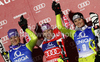 Winner Marlies Schild of Austria (M), second placed Maria Riesch of Germany (L) and third placed Christina Geiger of Germany (R) celebrate their medals won in Women slalom race of Audi FIS alpine skiing World Cup in Semmering, Austria. Slalom race of Women Audi FIS Alpine skiing World Cup 2010-11, was held on Wednesday, 29th of December 2010, in Semmering, Austria.
