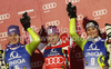 Winner Marlies Schild of Austria (M), second placed Maria Riesch of Germany (L) and third placed Christina Geiger of Germany (R) celebrate their medals won in Women slalom race of Audi FIS alpine skiing World Cup in Semmering, Austria. Slalom race of Women Audi FIS Alpine skiing World Cup 2010-11, was held on Wednesday, 29th of December 2010, in Semmering, Austria.
