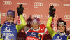Winner Marlies Schild of Austria (M), second placed Maria Riesch of Germany (L) and third placed Christina Geiger of Germany (R) celebrate their medals won in Women slalom race of Audi FIS alpine skiing World Cup in Semmering, Austria. Slalom race of Women Audi FIS Alpine skiing World Cup 2010-11, was held on Wednesday, 29th of December 2010, in Semmering, Austria.
