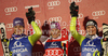 Winner Marlies Schild of Austria (M), second placed Maria Riesch of Germany (L) and third placed Christina Geiger of Germany (R) celebrate their medals won in Women slalom race of Audi FIS alpine skiing World Cup in Semmering, Austria. Slalom race of Women Audi FIS Alpine skiing World Cup 2010-11, was held on Wednesday, 29th of December 2010, in Semmering, Austria.
