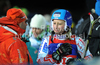 Tanja Poutiainen of Finland (R) with her coach, Christian Thoma (L) in finish of second run of Women slalom race of Audi FIS alpine skiing World Cup in Semmering, Austria. Slalom race of Women Audi FIS Alpine skiing World Cup 2010-11, was held on Wednesday, 29th of December 2010, in Semmering, Austria.
