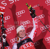 Winner Marlies Schild of Austria celebrates her medal won in Women slalom race of Audi FIS alpine skiing World Cup in Zagreb, Croatia. Slalom race of Women Audi FIS Alpine skiing World Cup 2010-11, was held on Tuesday, 4th of January 2011, in Sljeme above Zagreb, Croatia.
