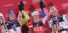 Winner Marlies Schild of Austria (M), second placed Maria Riesch of Germany (L) and third placed Manuela Moelgg of Italy (R) celebrate their medals won in Women slalom race of Audi FIS alpine skiing World Cup in Zagreb, Croatia. Slalom race of Women Audi FIS Alpine skiing World Cup 2010-11, was held on Tuesday, 4th of January 2011, in Sljeme above Zagreb, Croatia.
