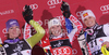Winner Marlies Schild of Austria (M), second placed Maria Riesch of Germany (L) and third placed Manuela Moelgg of Italy (R) celebrate their medals won in Women slalom race of Audi FIS alpine skiing World Cup in Zagreb, Croatia. Slalom race of Women Audi FIS Alpine skiing World Cup 2010-11, was held on Tuesday, 4th of January 2011, in Sljeme above Zagreb, Croatia.
