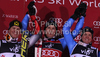 Winner Andre Myhrer of Sweden (M), second placed Ivica Kostelic of Croatia (L) and third placed Mattias Hargin of Sweden (R) celebrate their medals won in Men slalom race of Audi FIS alpine skiing World Cup in Zagreb, Croatia. Slalom race of Men Audi FIS Alpine skiing World Cup 2010-11, was held on Thursday, 6th of January 2011, in Sljeme above Zagreb, Croatia.
