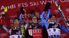 Winner Andre Myhrer of Sweden (M), second placed Ivica Kostelic of Croatia (L) and third placed Mattias Hargin of Sweden (R) celebrate their medals won in Men slalom race of Audi FIS alpine skiing World Cup in Zagreb, Croatia. Slalom race of Men Audi FIS Alpine skiing World Cup 2010-11, was held on Thursday, 6th of January 2011, in Sljeme above Zagreb, Croatia.
