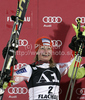 Winner Tanja Poutiainen of Finland celebrates her medal won in Women night slalom race of Audi FIS alpine skiing World Cup in Flachau, Austria. Slalom race of Women Audi FIS Alpine skiing World Cup 2010-11, was held on Tuesday, 11th of January 2011, in Flachau, Austria.
