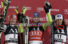 Winners, Tanja Poutiainen of Finland (L) and Maria Riesch of Germany (M) and third placed Nastasia Noens of France (R) celebrate their medals won in Women night slalom race of Audi FIS alpine skiing World Cup in Flachau, Austria. Slalom race of Women Audi FIS Alpine skiing World Cup 2010-11, was held on Tuesday, 11th of January 2011, in Flachau, Austria.
