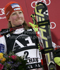 Winner Tanja Poutiainen of Finland celebrates her medal won in Women night slalom race of Audi FIS alpine skiing World Cup in Flachau, Austria. Slalom race of Women Audi FIS Alpine skiing World Cup 2010-11, was held on Tuesday, 11th of January 2011, in Flachau, Austria.
