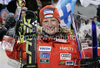 Winner Tanja Poutiainen of Finland celebrates her medal won in Women night slalom race of Audi FIS alpine skiing World Cup in Flachau, Austria. Slalom race of Women Audi FIS Alpine skiing World Cup 2010-11, was held on Tuesday, 11th of January 2011, in Flachau, Austria.
