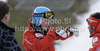 Tanja Poutiainen of Finland (M) with her serviceman Jan Tuupainen (L) and her coach Luca Moretti (R) during inspection of first run of Women giant slalom race of Audi FIS alpine skiing World Cup in Maribor, Slovenia. Giant slalom race of Women Audi FIS Alpine skiing World Cup 2010-11, was held on Saturday, 15th of January 2011, in Maribor, Slovenia.
