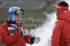 Tanja Poutiainen of Finland (L) with her coach Luca Moretti (R) during inspection of first run of Women giant slalom race of Audi FIS alpine skiing World Cup in Maribor, Slovenia. Giant slalom race of Women Audi FIS Alpine skiing World Cup 2010-11, was held on Saturday, 15th of January 2011, in Maribor, Slovenia.
