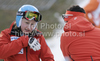 Tanja Poutiainen of Finland (L) with her coach Luca Moretti (R) during inspection of first run of Women giant slalom race of Audi FIS alpine skiing World Cup in Maribor, Slovenia. Giant slalom race of Women Audi FIS Alpine skiing World Cup 2010-11, was held on Saturday, 15th of January 2011, in Maribor, Slovenia.
