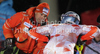 Kalle Palander of Finland (R) in discussion with his coach, Janez Slivnik (L) after falling in first run of Men slalom race of Audi FIS alpine skiing World Cup in Schladming, Austria. Traditional Night slalom race of Men Audi FIS Alpine skiing World Cup 2010-11, was held on Tuesday, 25th of January 2011, in Schladming, Austria.
