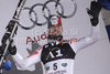 Winner Jean-Baptiste Grange of France celebrates his medal won in Men slalom race of Audi FIS alpine skiing World Cup in Schladming, Austria. Traditional Night slalom race of Men Audi FIS Alpine skiing World Cup 2010-11, was held on Tuesday, 25th of January 2011, in Schladming, Austria.
