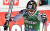 Hannes Reichelt of Austria reacts at the finish of the mens Super G race of FIS Audi Alpine World cup in Hinterstoder, Austria. mens  Super G race of FIS Audi Alpine World cup in season 2010 / 2011 was held on Saturday, 5th of February 2011 on Hannes Trinkl race track at Hinterstoder, Austria. 
