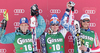 Winner Hannes Reichelt of Austria (M), second placed Benjamin Raich of Austria (L) and third placed Bode Miller of USA (R) celebrate their medals won in Men Super-G race of Audi FIS alpine skiing World Cup in Hinterstoder, Austria. Super-G race of Men Audi FIS Alpine skiing World Cup 2010-11, was held on Saturday, 5th of February 2011, in Hinterstoder, Austria.
