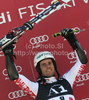 Winner Philipp Schoerghofer of Austria celebrates his medal won in Men Giant slalom race of Audi FIS alpine skiing World Cup in Hinterstoder, Austria. Giant slalom race of Men Audi FIS Alpine skiing World Cup 2010-11, was held on Sunday, 6th of February 2011, in Hinterstoder, Austria.
