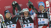 Winner Philipp Schoerghofer of Austria (M), second placed Kjetil Jansrud of Norway (L) and third placed Carlo Janka of Switzerland (R) celebrate their medals won in Men Giant slalom race of Audi FIS alpine skiing World Cup in Hinterstoder, Austria. Giant slalom race of Men Audi FIS Alpine skiing World Cup 2010-11, was held on Sunday, 6th of February 2011, in Hinterstoder, Austria.
