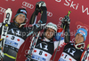 Winner Philipp Schoerghofer of Austria (M), second placed Kjetil Jansrud of Norway (L) and third placed Carlo Janka of Switzerland (R) celebrate their medals won in Men Giant slalom race of Audi FIS alpine skiing World Cup in Hinterstoder, Austria. Giant slalom race of Men Audi FIS Alpine skiing World Cup 2010-11, was held on Sunday, 6th of February 2011, in Hinterstoder, Austria.
