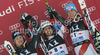 Winner Philipp Schoerghofer of Austria (M), second placed Kjetil Jansrud of Norway (L) and third placed Carlo Janka of Switzerland (R) celebrate their medals won in Men Giant slalom race of Audi FIS alpine skiing World Cup in Hinterstoder, Austria. Giant slalom race of Men Audi FIS Alpine skiing World Cup 2010-11, was held on Sunday, 6th of February 2011, in Hinterstoder, Austria.
