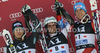 Winner Philipp Schoerghofer of Austria (M), second placed Kjetil Jansrud of Norway (L) and third placed Carlo Janka of Switzerland (R) celebrate their medals won in Men Giant slalom race of Audi FIS alpine skiing World Cup in Hinterstoder, Austria. Giant slalom race of Men Audi FIS Alpine skiing World Cup 2010-11, was held on Sunday, 6th of February 2011, in Hinterstoder, Austria.
