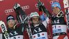 Winner Philipp Schoerghofer of Austria (M), second placed Kjetil Jansrud of Norway (L) and third placed Carlo Janka of Switzerland (R) celebrate their medals won in Men Giant slalom race of Audi FIS alpine skiing World Cup in Hinterstoder, Austria. Giant slalom race of Men Audi FIS Alpine skiing World Cup 2010-11, was held on Sunday, 6th of February 2011, in Hinterstoder, Austria.
