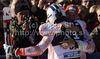Marcus Sandell of Finland (L) accepts congratulations from his teammate Kalle Palander (R) in finish of second run of Men Giant slalom race of Audi FIS alpine skiing World Cup in Hinterstoder, Austria. Giant slalom race of Men Audi FIS Alpine skiing World Cup 2010-11, was held on Sunday, 6th of February 2011, in Hinterstoder, Austria.

