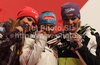 Winner Elisabeth Goergl of Austria (M), second placed Julia Mancuso of USA (L) and third placed Maria Riesch of Germany (R) at the medal ceremony of the ladies Super G race of FIS Alpine World Ski Championships in Garmisch Partenkirchen, Germany. The ladies Super G race of FIS Alpine World Ski Championships was held on Tuesday, 8th of February 2011 on course Kandahar1 at Garmisch Partenkirchen, Germany. 

