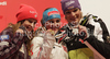 Winner Elisabeth Goergl of Austria (M), second placed Julia Mancuso of USA (L) and third placed Maria Riesch of Germany (R) at the medal ceremony of the ladies Super G race of FIS Alpine World Ski Championships in Garmisch Partenkirchen, Germany. The ladies Super G race of FIS Alpine World Ski Championships was held on Tuesday, 8th of February 2011 on course Kandahar1 at Garmisch Partenkirchen, Germany. 
