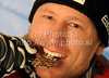 Second placed Hannes Reichelt of Austria celebrates his medal won in Men Super G race of FIS Alpine World Ski Championships in Garmisch Partenkirchen, Germany. Men Super G race of FIS Alpine World Ski Championships was held on Wednesday, 9th of February 2011 in Garmisch-Partenkirchen, Germany. 
