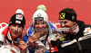 Winner Christof Innerhofer of Italy (M), second placed Hannes Reichelt of Austria (L) and third placed Ivica Kostelic of Croatia (R) celebrate their medals won in Women Super-G race of FIS alpine skiing World Championships in Garmisch-Partenkirchen, Germany. Super-G race of Women Super-G race of FIS alpine skiing World Championships, was held on Tuesday, 8th of February 2011, in Garmisch-Partenkirchen, Germany.
