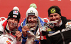 Winner Christof Innerhofer of Italy (M), second placed Hannes Reichelt of Austria (L) and third placed Ivica Kostelic of Croatia (R) celebrate their medals won in Women Super-G race of FIS alpine skiing World Championships in Garmisch-Partenkirchen, Germany. Super-G race of Women Super-G race of FIS alpine skiing World Championships, was held on Tuesday, 8th of February 2011, in Garmisch-Partenkirchen, Germany.
