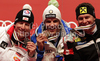 Winner Christof Innerhofer of Italy (M), second placed Hannes Reichelt of Austria (L) and third placed Ivica Kostelic of Croatia (R) celebrate their medals won in Women Super-G race of FIS alpine skiing World Championships in Garmisch-Partenkirchen, Germany. Super-G race of Women Super-G race of FIS alpine skiing World Championships, was held on Tuesday, 8th of February 2011, in Garmisch-Partenkirchen, Germany.
