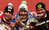 Winner Christof Innerhofer of Italy (M), second placed Hannes Reichelt of Austria (L) and third placed Ivica Kostelic of Croatia (R) celebrate their medals won in Women Super-G race of FIS alpine skiing World Championships in Garmisch-Partenkirchen, Germany. Super-G race of Women Super-G race of FIS alpine skiing World Championships, was held on Tuesday, 8th of February 2011, in Garmisch-Partenkirchen, Germany.
