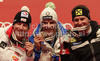 Winner Christof Innerhofer of Italy (M), second placed Hannes Reichelt of Austria (L) and third placed Ivica Kostelic of Croatia (R) celebrate their medals won in Women Super-G race of FIS alpine skiing World Championships in Garmisch-Partenkirchen, Germany. Super-G race of Women Super-G race of FIS alpine skiing World Championships, was held on Tuesday, 8th of February 2011, in Garmisch-Partenkirchen, Germany.
