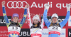 Winner Anna Fenninger of Austria (M), second placed Tina Maze of Slovenia (L) and third placed Anja Paerson of Sweden (R) celebrate their medals won in Ladies Super Combined race of FIS alpine skiing World Championships in Garmisch-Partenkirchen, Germany. Ladies Super Combined race of FIS alpine skiing World Championships, was held on Friday, 11th of February 2011, in Garmisch-Partenkirchen, Germany.

