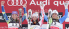 Winner Anna Fenninger of Austria (M), second placed Tina Maze of Slovenia (L) and third placed Anja Paerson of Sweden (R) celebrate their medals won in Ladies Super Combined race of FIS alpine skiing World Championships in Garmisch-Partenkirchen, Germany. Ladies Super Combined race of FIS alpine skiing World Championships, was held on Friday, 11th of February 2011, in Garmisch-Partenkirchen, Germany.
