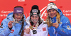 Winner Anna Fenninger of Austria (M), second placed Tina Maze of Slovenia (L) and third placed Anja Paerson of Sweden (R) celebrate their medals won in Women super combined race of FIS alpine skiing World Championships in Garmisch-Partenkirchen, Germany. Super combined race of Women FIS alpine skiing World Championships, was held on Friday, 11th of February 2011, in Garmisch-Partenkirchen, Germany.
