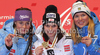 Winner Anna Fenninger of Austria (M), second placed Tina Maze of Slovenia (L) and third placed Anja Paerson of Sweden (R) celebrate their medals won in Women super combined race of FIS alpine skiing World Championships in Garmisch-Partenkirchen, Germany. Super combined race of Women FIS alpine skiing World Championships, was held on Friday, 11th of February 2011, in Garmisch-Partenkirchen, Germany.
