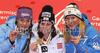 Winner Anna Fenninger of Austria (M), second placed Tina Maze of Slovenia (L) and third placed Anja Paerson of Sweden (R) celebrate their medals won in Women super combined race of FIS alpine skiing World Championships in Garmisch-Partenkirchen, Germany. Super combined race of Women FIS alpine skiing World Championships, was held on Friday, 11th of February 2011, in Garmisch-Partenkirchen, Germany.
