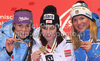 Winner Anna Fenninger of Austria (M), second placed Tina Maze of Slovenia (L) and third placed Anja Paerson of Sweden (R) celebrate their medals won in Women super combined race of FIS alpine skiing World Championships in Garmisch-Partenkirchen, Germany. Super combined race of Women FIS alpine skiing World Championships, was held on Friday, 11th of February 2011, in Garmisch-Partenkirchen, Germany.
