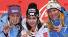 Winner Anna Fenninger of Austria (M), second placed Tina Maze of Slovenia (L) and third placed Anja Paerson of Sweden (R) celebrate their medals won in Women super combined race of FIS alpine skiing World Championships in Garmisch-Partenkirchen, Germany. Super combined race of Women FIS alpine skiing World Championships, was held on Friday, 11th of February 2011, in Garmisch-Partenkirchen, Germany.
