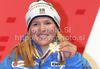 Third placed Anja Paerson of Sweden celebrates her medal won in Women super combined race of FIS alpine skiing World Championships in Garmisch-Partenkirchen, Germany. Super combined race of Women FIS alpine skiing World Championships, was held on Friday, 11th of February 2011, in Garmisch-Partenkirchen, Germany.
