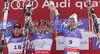 Winner Erik Guay of Canada (M), second placed Didier Cuche of Switzerland (L) and third placed Christof Innerhofer of Italy (R) celebrate their medals won in Mens Downhill race of FIS alpine skiing World Championships in Garmisch-Partenkirchen, Germany. Mens Downhill race of FIS alpine skiing World Championships, was held on Saturday, 12th of February 2011, in Garmisch-Partenkirchen, Germany.
