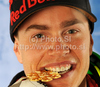 Winner Erik Guay of Canada celebrates his medal won in Men downhill race of FIS alpine skiing World Championships in Garmisch-Partenkirchen, Germany. Men downhill race of FIS alpine skiing World Championships, was held on Saturday, 12th of February 2011, in Garmisch-Partenkirchen, Germany.
