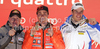 Winner Erik Guay of Canada (M), second placed Didier Cuche of Switzerland (L) and third placed Christof Innerhofer of Italy (R) celebrate their medals won in Men downhill race of FIS alpine skiing World Championships in Garmisch-Partenkirchen, Germany. Men downhill race of FIS alpine skiing World Championships, was held on Saturday, 12th of February 2011, in Garmisch-Partenkirchen, Germany.
