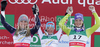 Winner Elisabeth Goergl of Austria (M), second placed Lindsey Vonn of USA (L) and third placed Maria Riesch of Germany (R) celebrate their medals won in women downhill race of FIS alpine skiing World Championships in Garmisch-Partenkirchen, Germany. Women downhill race of FIS alpine skiing World Championships, was held on Sunday, 13th of February 2011, in Garmisch-Partenkirchen, Germany.
